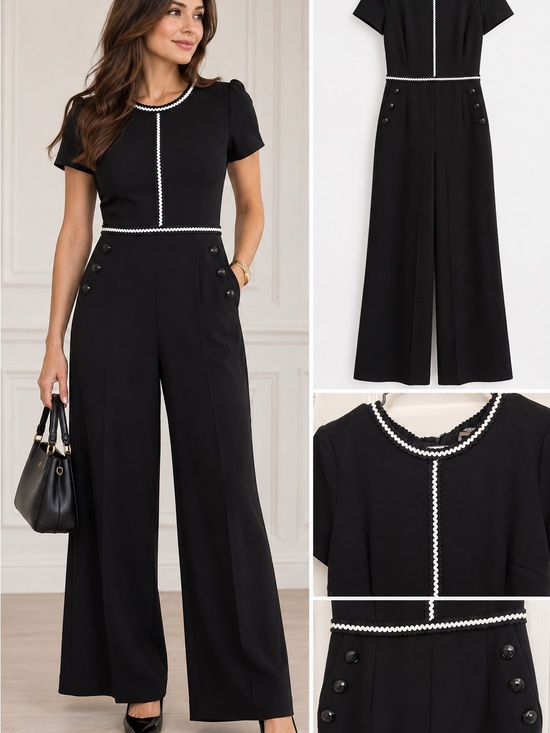Karl Lagerfeld Pants - Karl Lagerfeld Black Wide-Leg Short-Sleeve Jumpsuit with White Trim